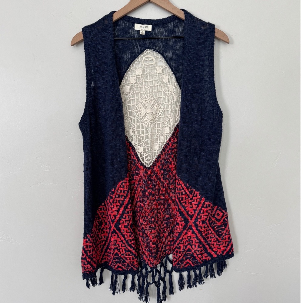 Umgee Navy Blue Red Crochet Lace Fringe Sweater Vest Boho Hippie Southwestern M